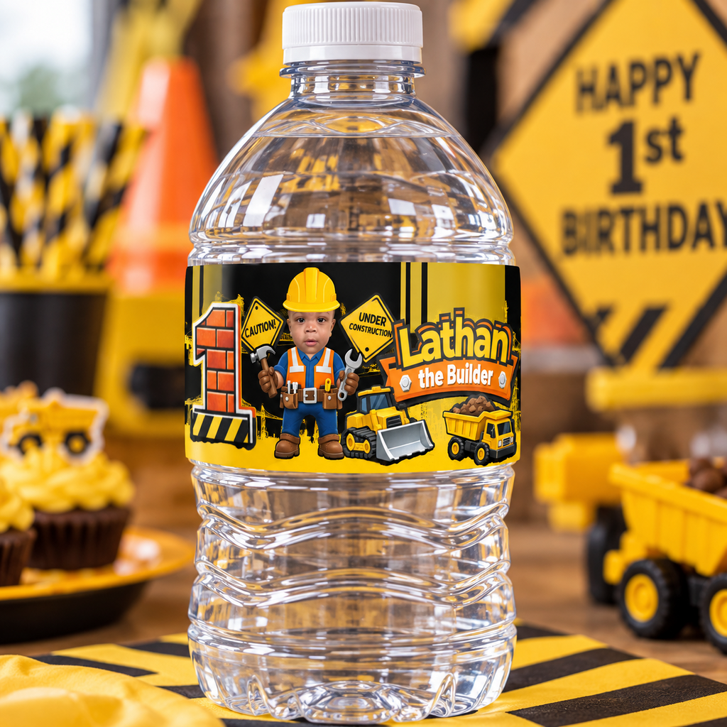 Close up of personalized construction birthday water bottle label featuring child photo name age caution signs and construction vehicles