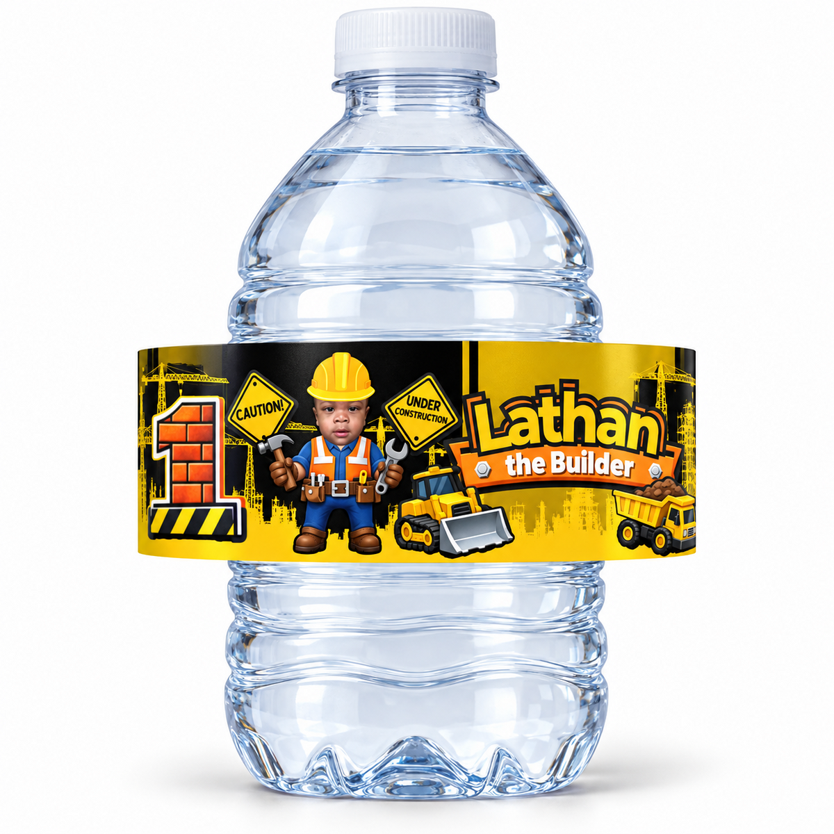 Personalized construction birthday water bottle label displayed on a clear bottle with child photo name age bulldozer dump truck and caution signs