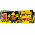 Full personalized construction birthday water bottle label featuring child photo name age construction signs bulldozer and dump truck