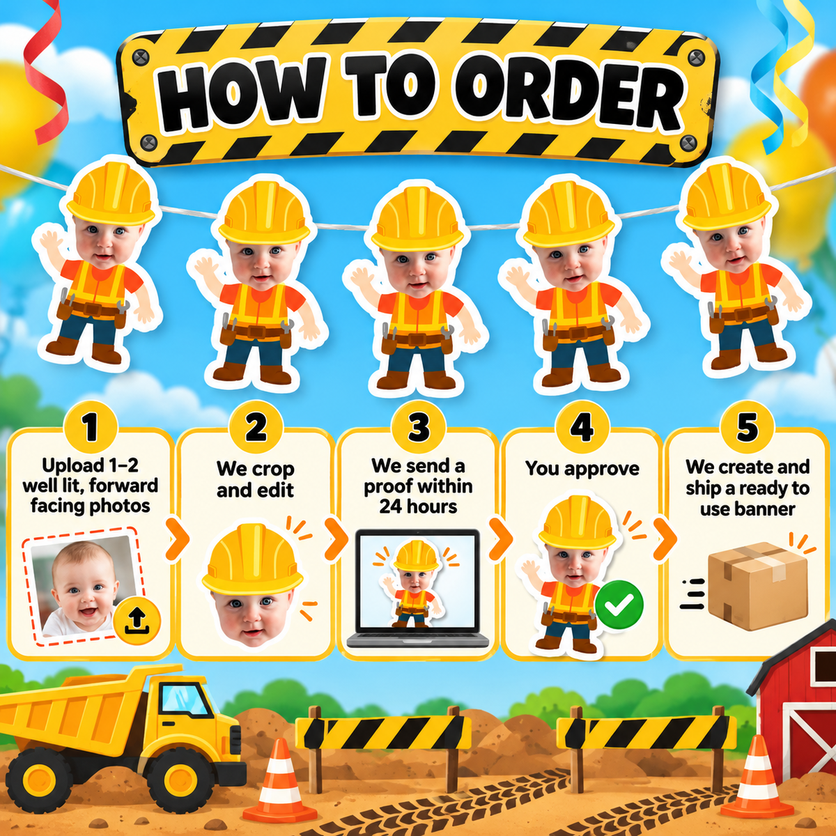 Children's photo banner with construction-themed design featuring a red barn, yellow dump truck, and child cutouts in construction outfits.