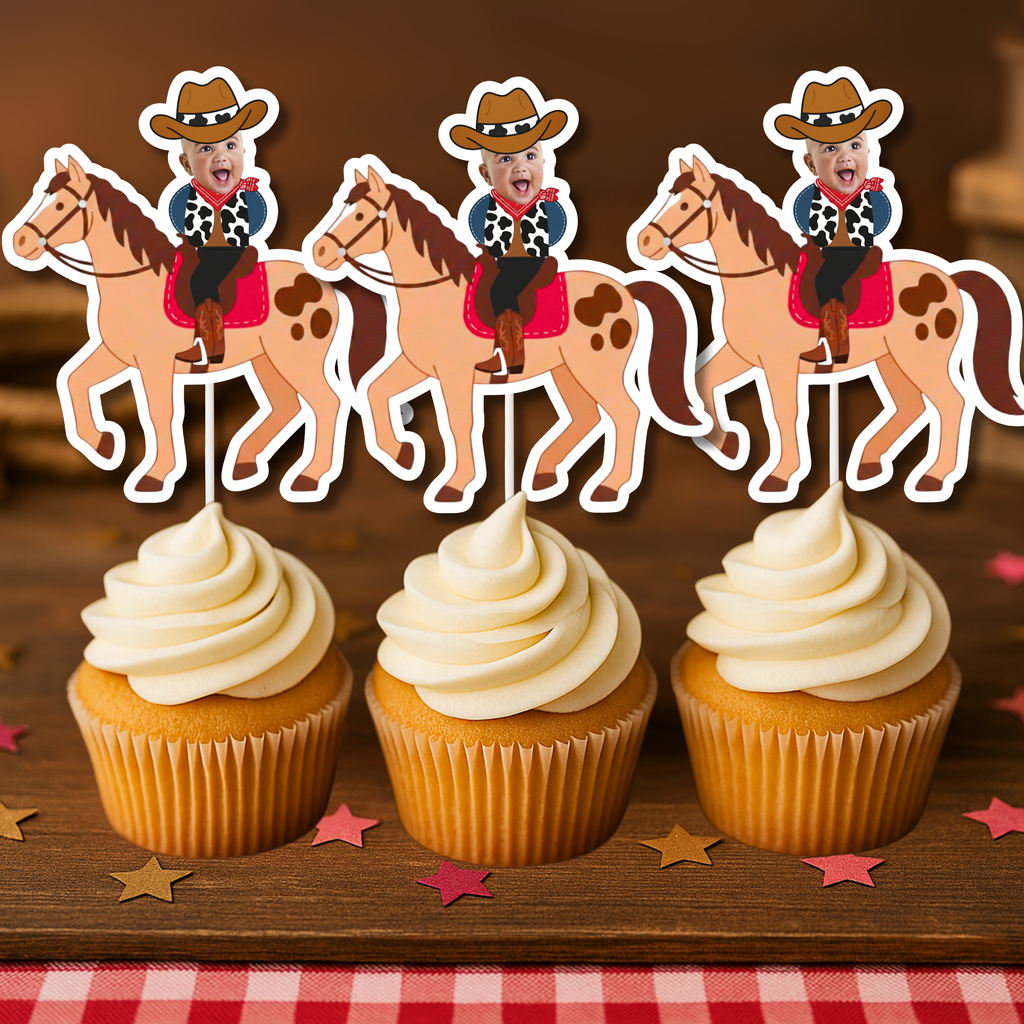 Close up of personalized cowboy baby photo cupcake toppers featuring a smiling infant’s face wearing a brown cowboy hat, red bandana, and cow print vest, mounted on western horse cutouts and displayed on vanilla cupcakes with buttercream frosting. These custom photo cupcake decorations are perfect for cowboy first birthday parties, wild west baby celebrations, rodeo themed smash cake sessions, country western milestone birthdays, and barnyard themed dessert tables. Designed to highlight the child’s photo. 
