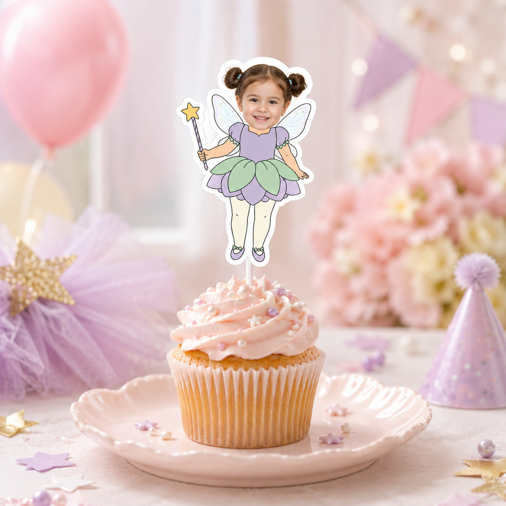 Single personalized fairy photo cupcake topper featuring a smiling child with translucent wings a lavender top green and purple flower petal skirt and golden star wand displayed on a pink frosted cupcake for a magical fairy birthday party