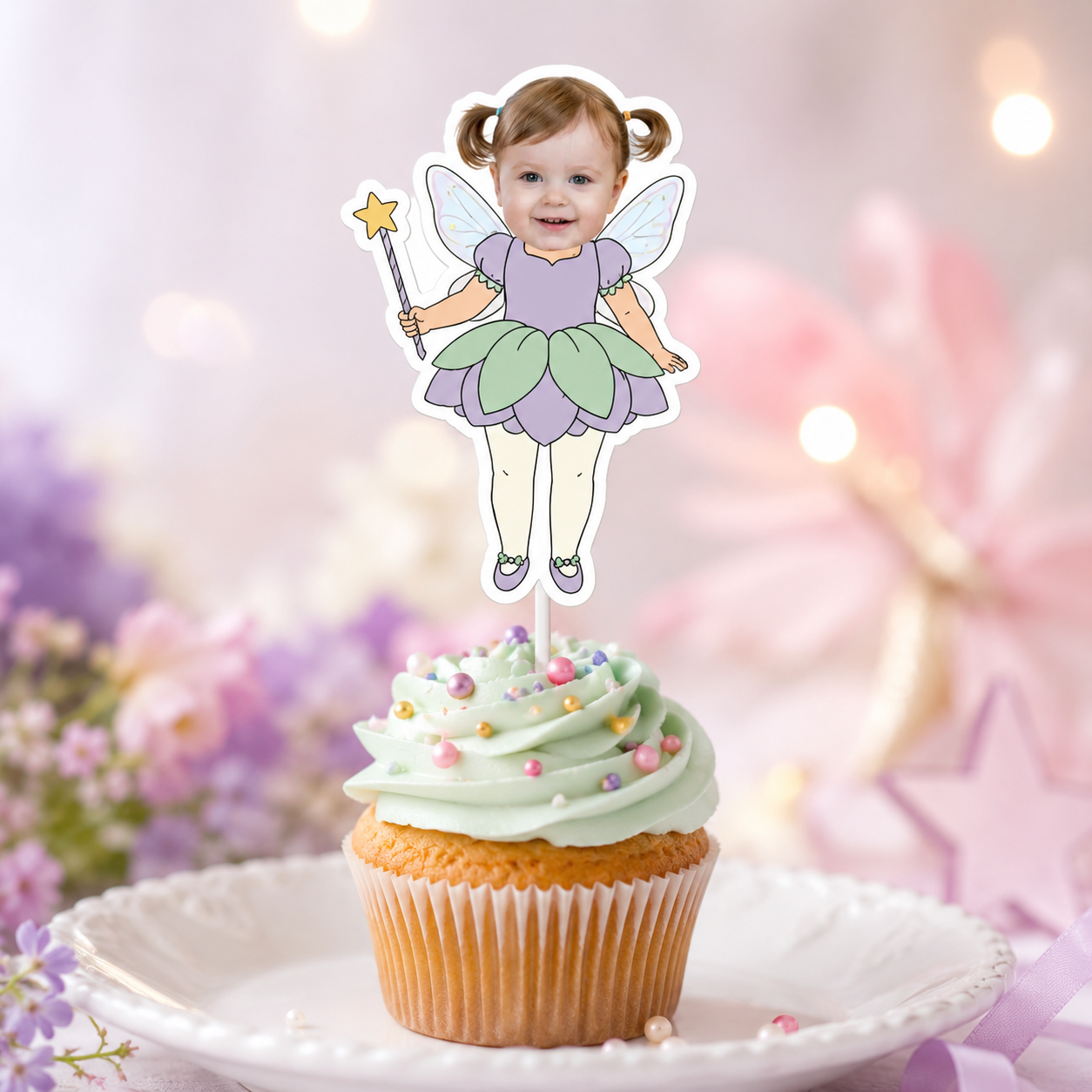Single personalized fairy photo cupcake topper featuring a smiling child with translucent wings, a lavender and green flower petal dress, and a golden star wand on a mint frosted cupcake for an enchanted garden or fairy birthday party.