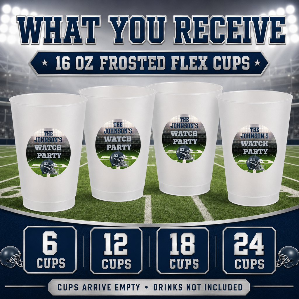 Personalized 16 oz frosted football flex cups available in sets of 6 12 18 or 24