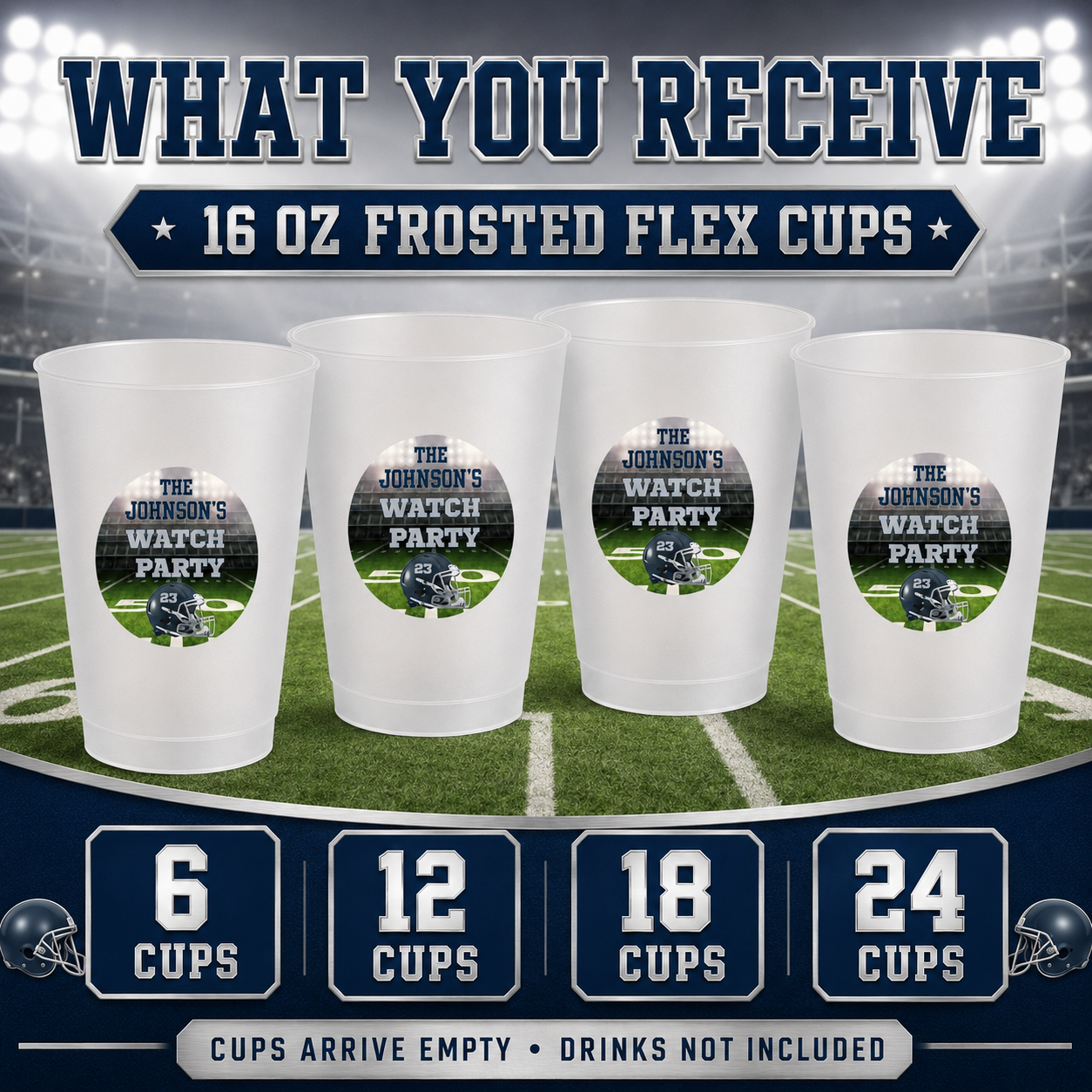 Personalized 16 oz frosted football flex cups available in sets of 6 12 18 or 24