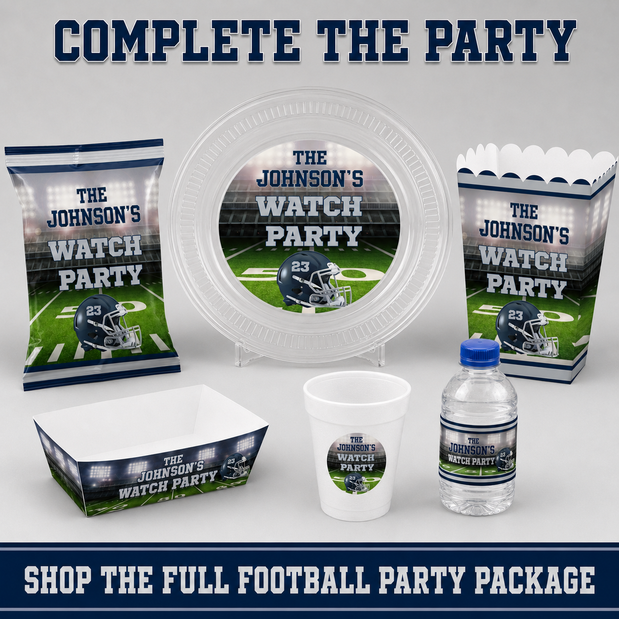 Coordinated football party package with clear plate chip bag food tray popcorn box cup and drink label