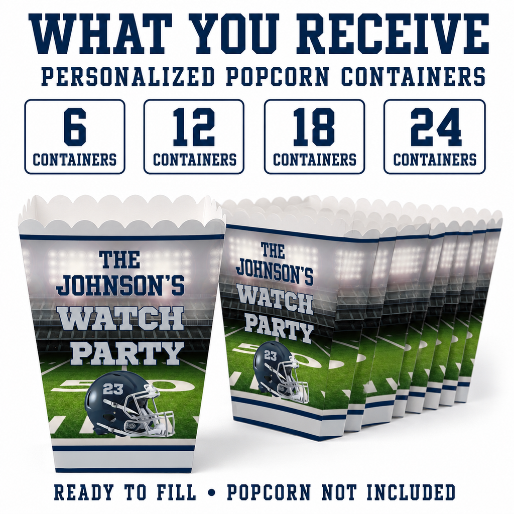 Personalized football popcorn containers available in sets of 6 12 18 or 24 empty game day snack boxes