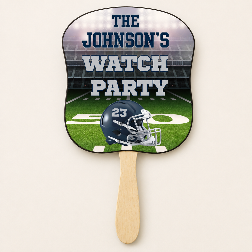 Personalized football rally fan with custom watch party wording, navy and silver colors, jersey number 23 and natural wooden handle