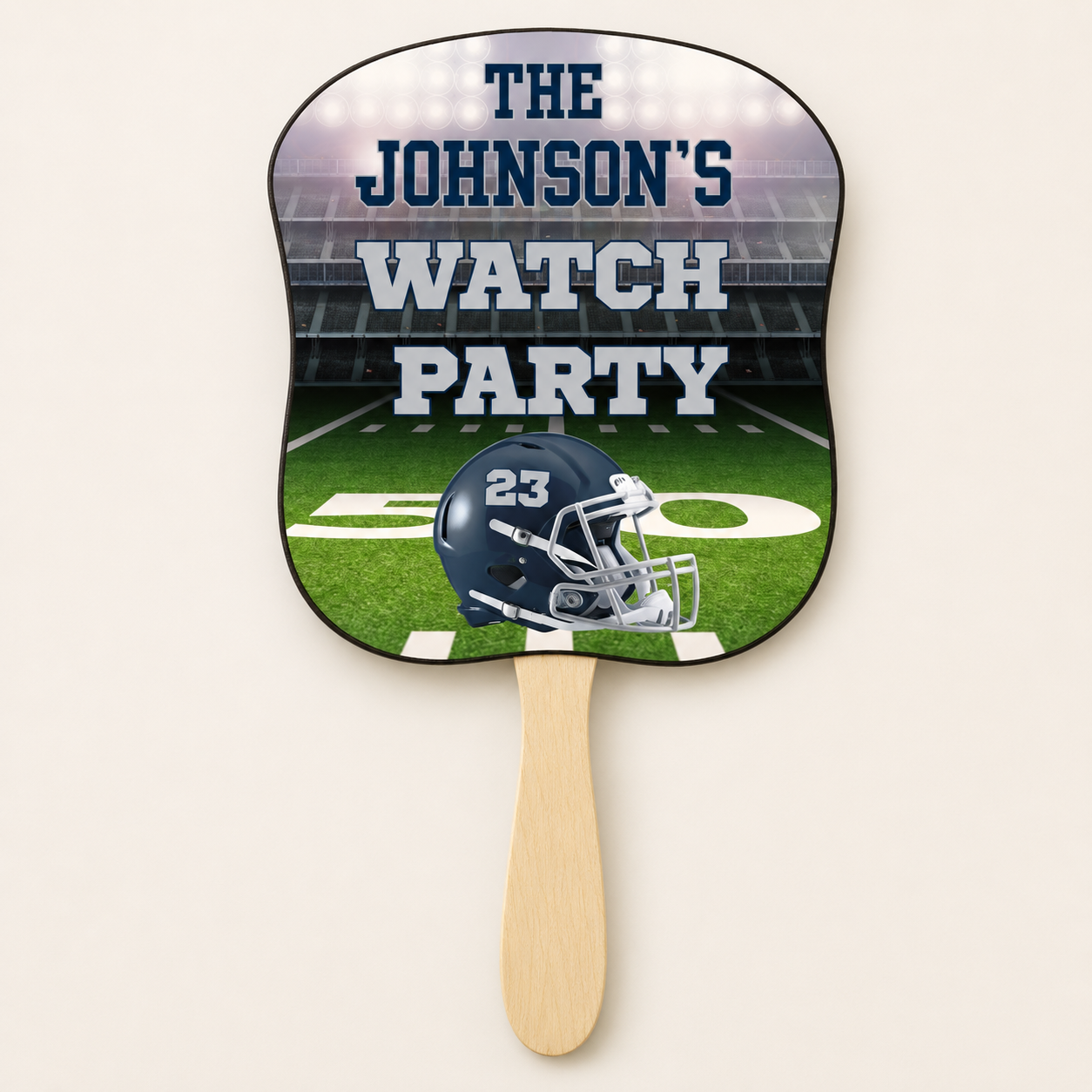 Personalized football rally fan with custom watch party wording, navy and silver colors, jersey number 23 and natural wooden handle