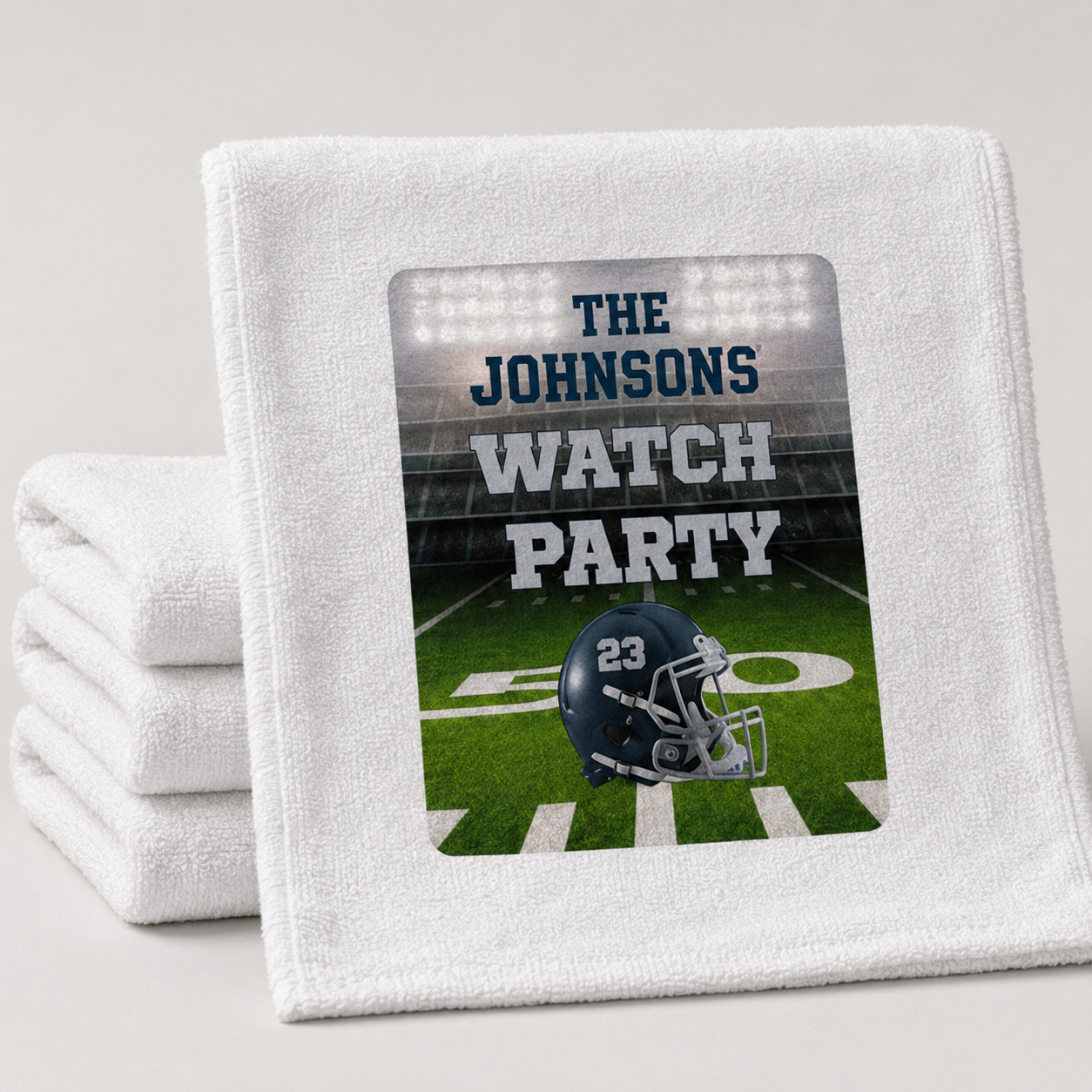 Personalized white football rally towel displayed with a navy silver and green watch party design.