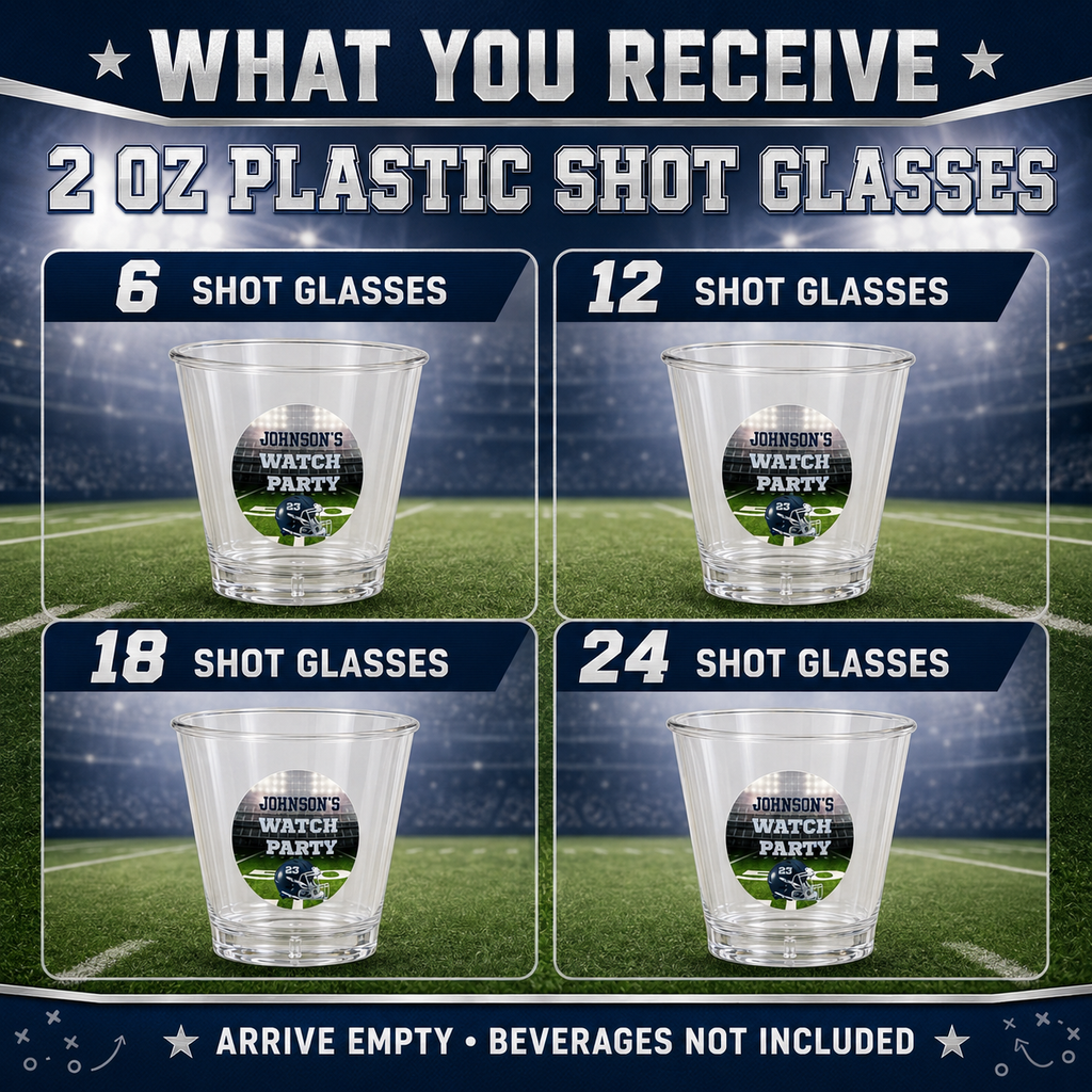 Personalized 2 oz plastic football shot glasses available in sets of 6 12 18 or 24