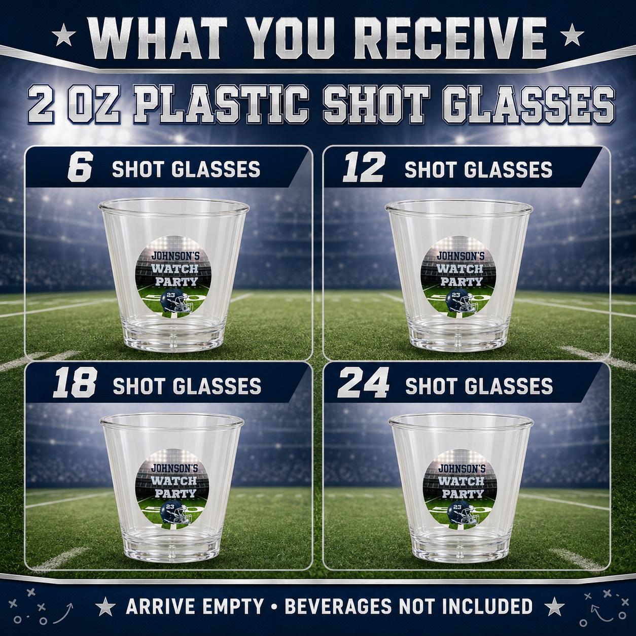 Personalized 2 oz plastic football shot glasses available in sets of 6 12 18 or 24