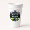 Personalized 20 ounce white foam cup with navy football watch party design, family name and custom helmet number.