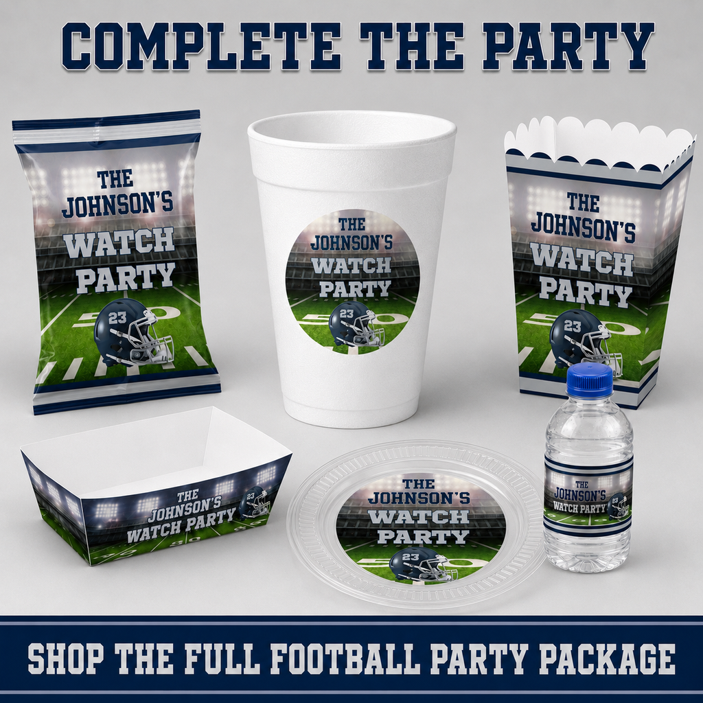 Complete personalized football watch party package with foam cup, chip bag, popcorn box, food tray, plate and water bottle label in navy and silver.