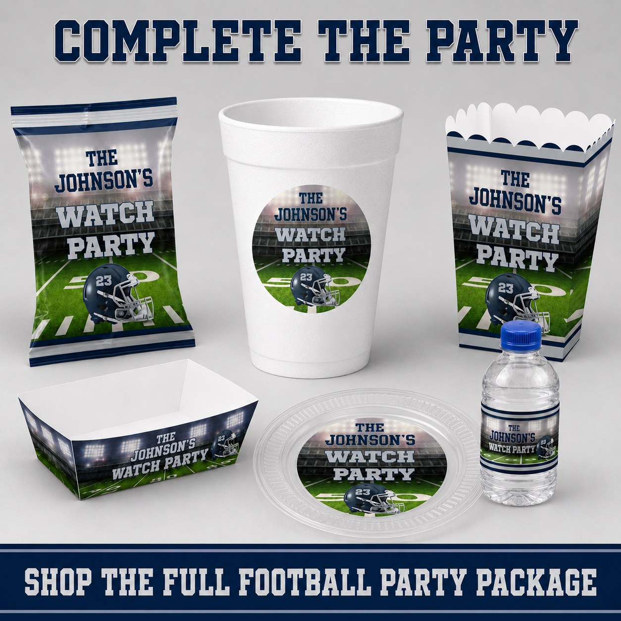 Complete personalized football watch party package with foam cup, chip bag, popcorn box, food tray, plate and water bottle label in navy and silver.