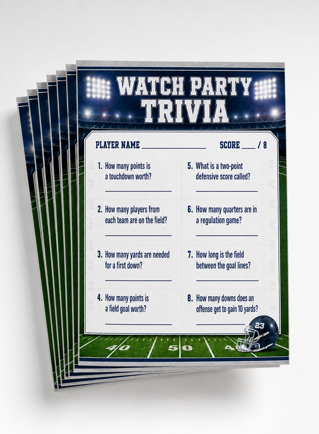 Personalized football watch party trivia cards featuring a navy silver and green stadium design.
