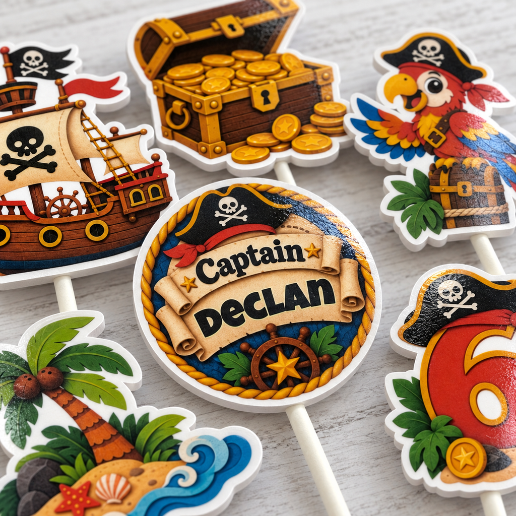 Set of personalized pirate birthday cupcake toppers with custom child name and age, colorful treasure and pirate designs, and matching party decor for cupcakes.