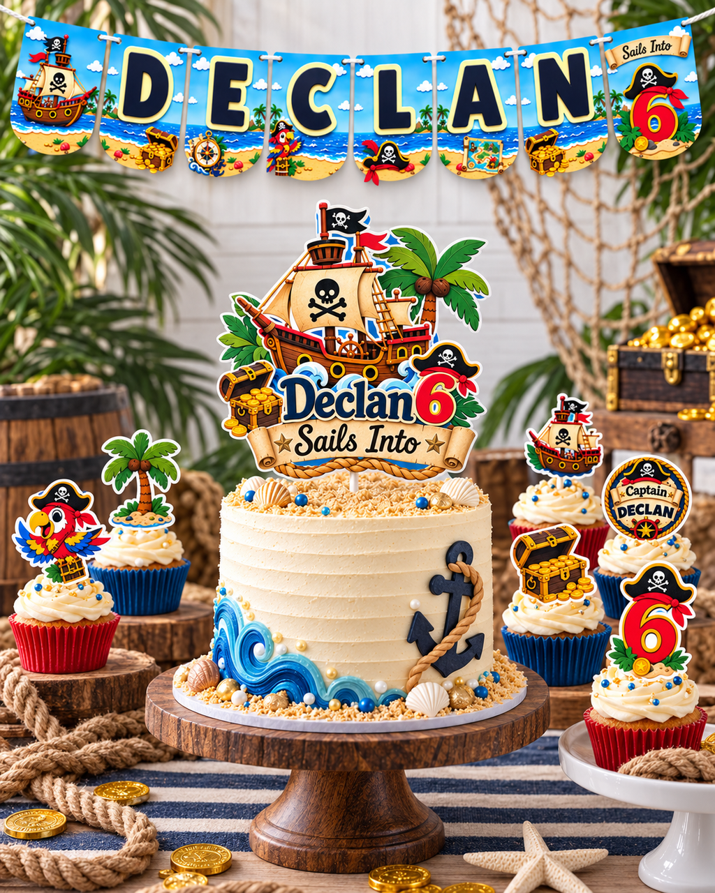 Pirate birthday dessert table styled with personalized name and age banner, layered cake topper and coordinating cupcake toppers for a complete pirate themed birthday display.