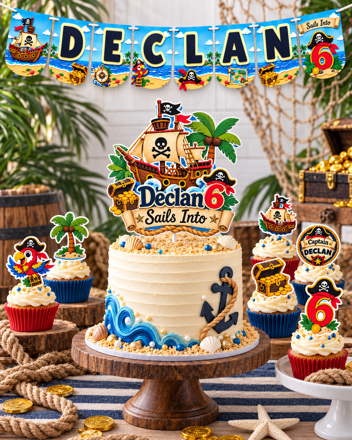Pirate birthday dessert table styled with personalized name and age banner, layered cake topper and coordinating cupcake toppers for a complete pirate themed birthday display.
