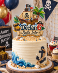 Personalized pirate birthday cake topper with layered name and age design displayed on a birthday cake.