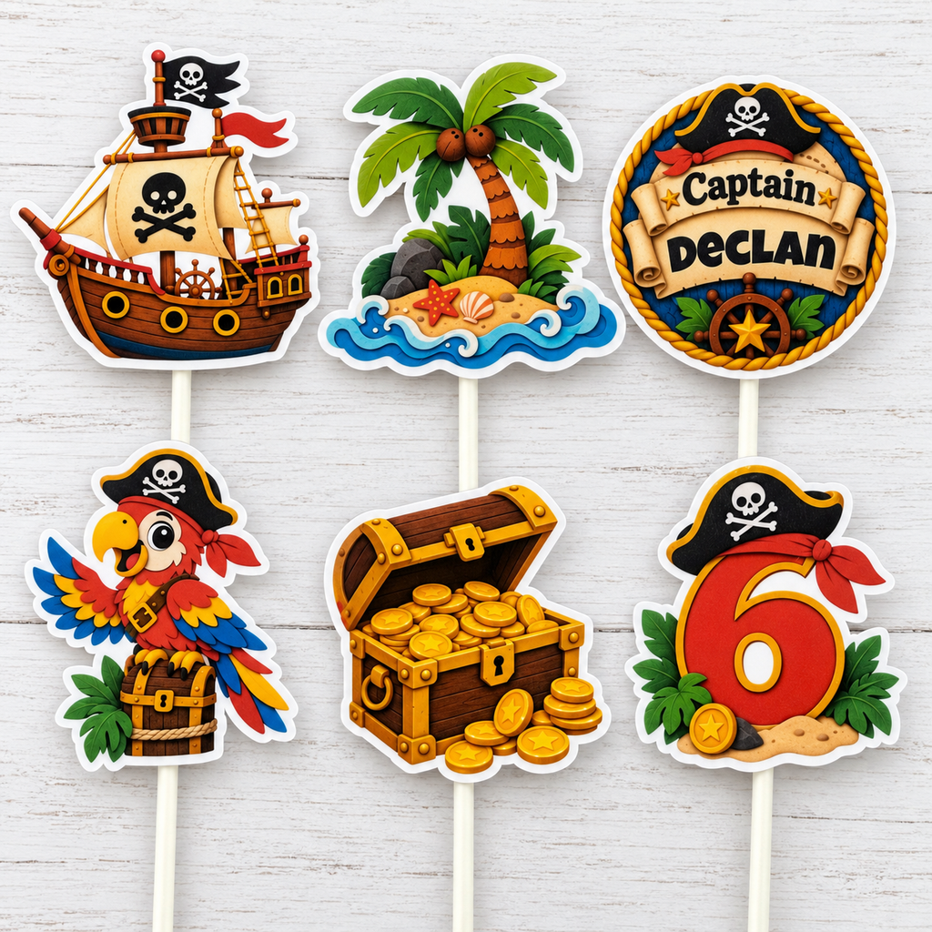 Close up of personalized pirate birthday cupcake toppers with custom Captain name and age designs, laminated cardstock finish, and detailed pirate artwork.