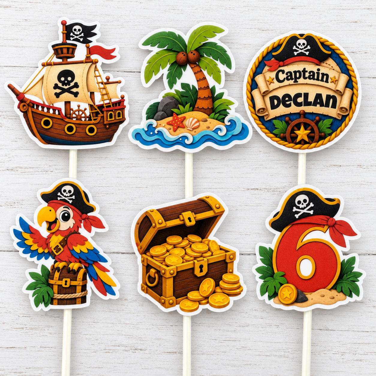Close up of personalized pirate birthday cupcake toppers with custom Captain name and age designs, laminated cardstock finish, and detailed pirate artwork.