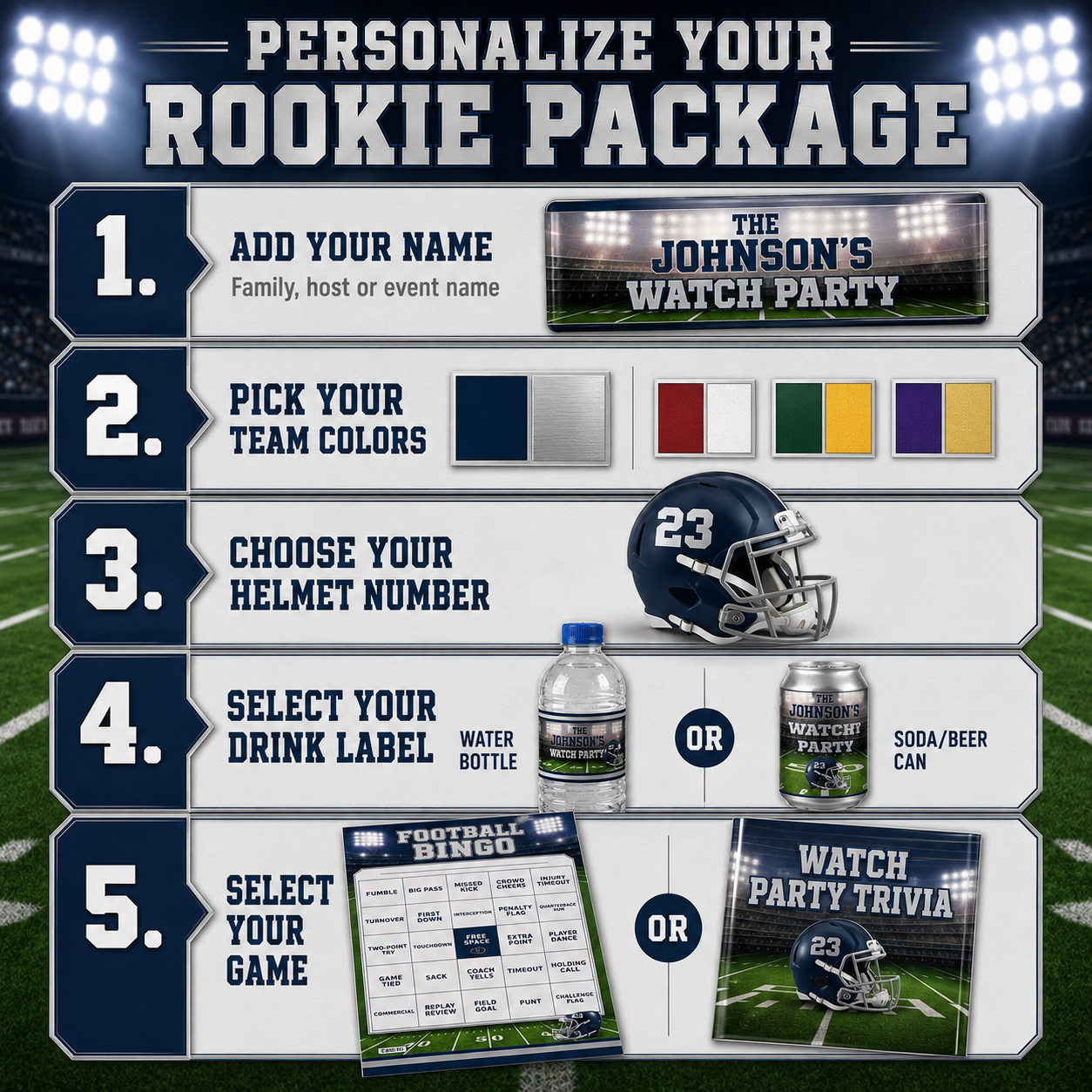 Personalization guide for the Rookie football party package showing custom name, team colors, helmet number, drink label choice and football game options.