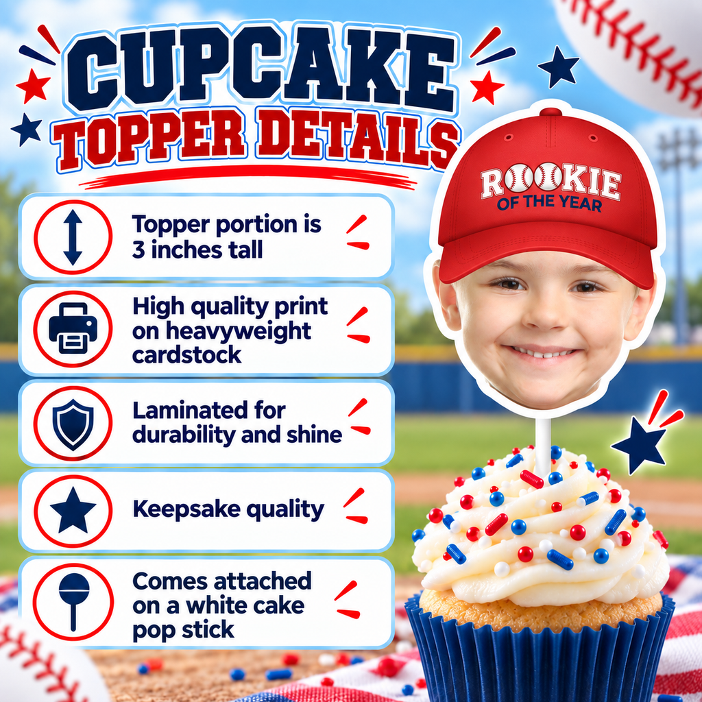 Personalized Rookie of the Year baseball photo cupcake topper details showing a 3 inch laminated heavyweight cardstock topper attached to a white cake pop stick