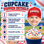 Personalized Rookie of the Year baseball photo cupcake topper details showing a 3 inch laminated heavyweight cardstock topper attached to a white cake pop stick