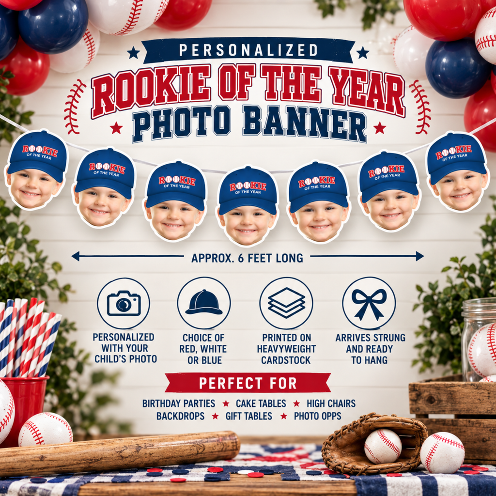 Personalized Rookie of the Year baseball photo banner featuring a childs face with red white or blue cap options printed on heavyweight cardstock and ready to hang