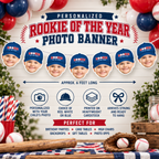 Personalized Rookie of the Year baseball photo banner featuring a childs face with red white or blue cap options printed on heavyweight cardstock and ready to hang