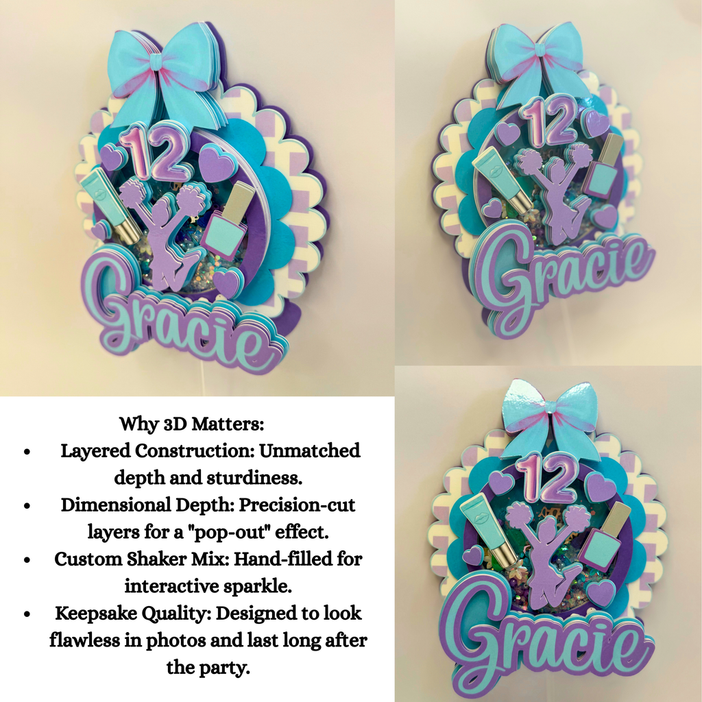 Personalized 3D shaker birthday cake topper with custom name and age, featuring layered cardstock, glitter shaker mix, and dimensional decorations designed for milestone birthday celebrations and dessert table displays.