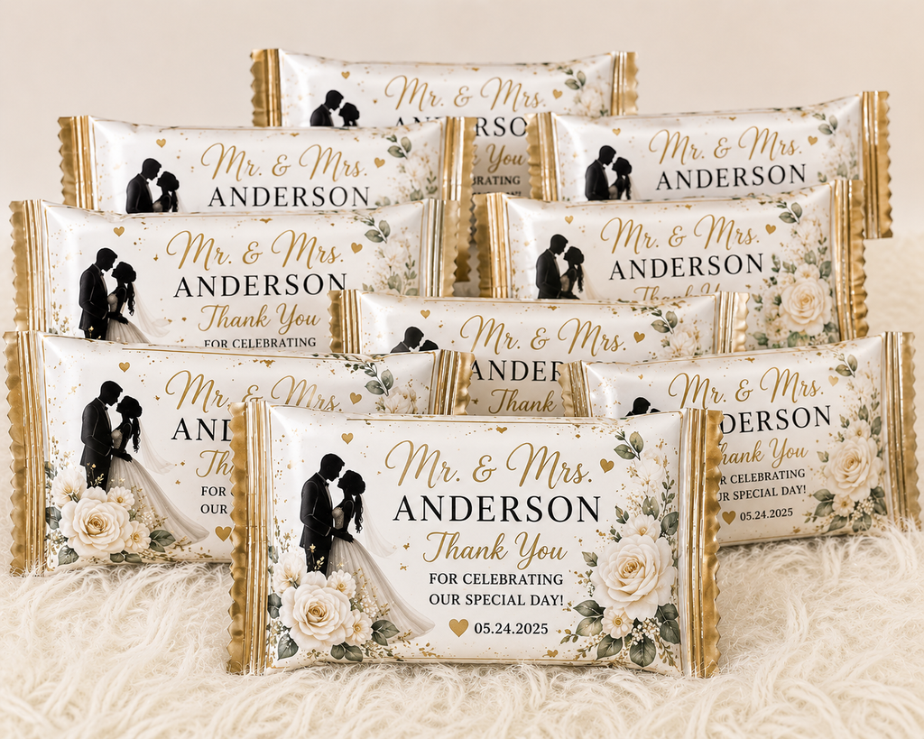 Elegant personalized wedding Rice Krispie Treat wrappers featuring custom names, floral accents, and a bride and groom silhouette, perfect for wedding receptions, bridal showers, and rehearsal dinners.