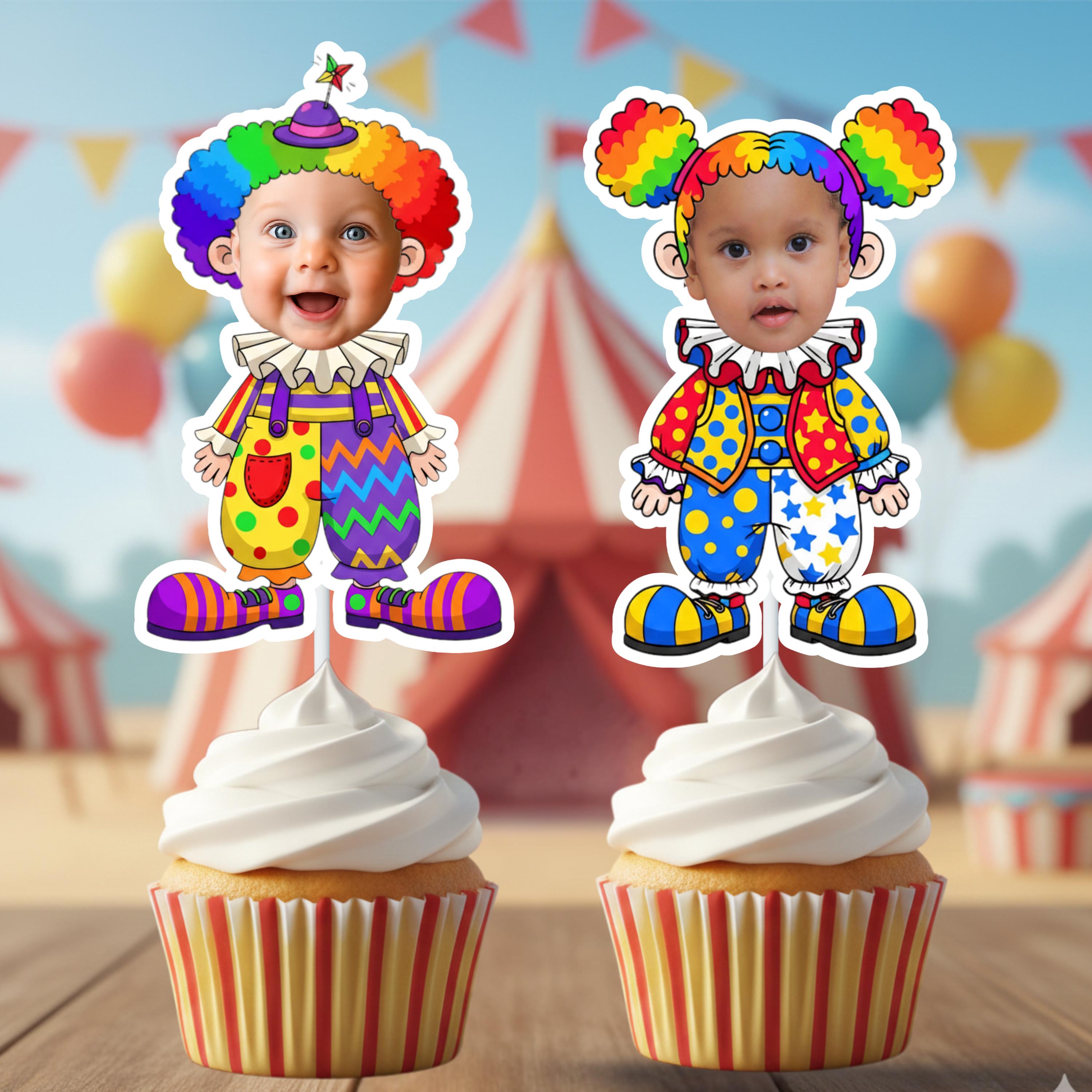 Two cupcakes with clown-themed toppers against a circus tent and balloons background