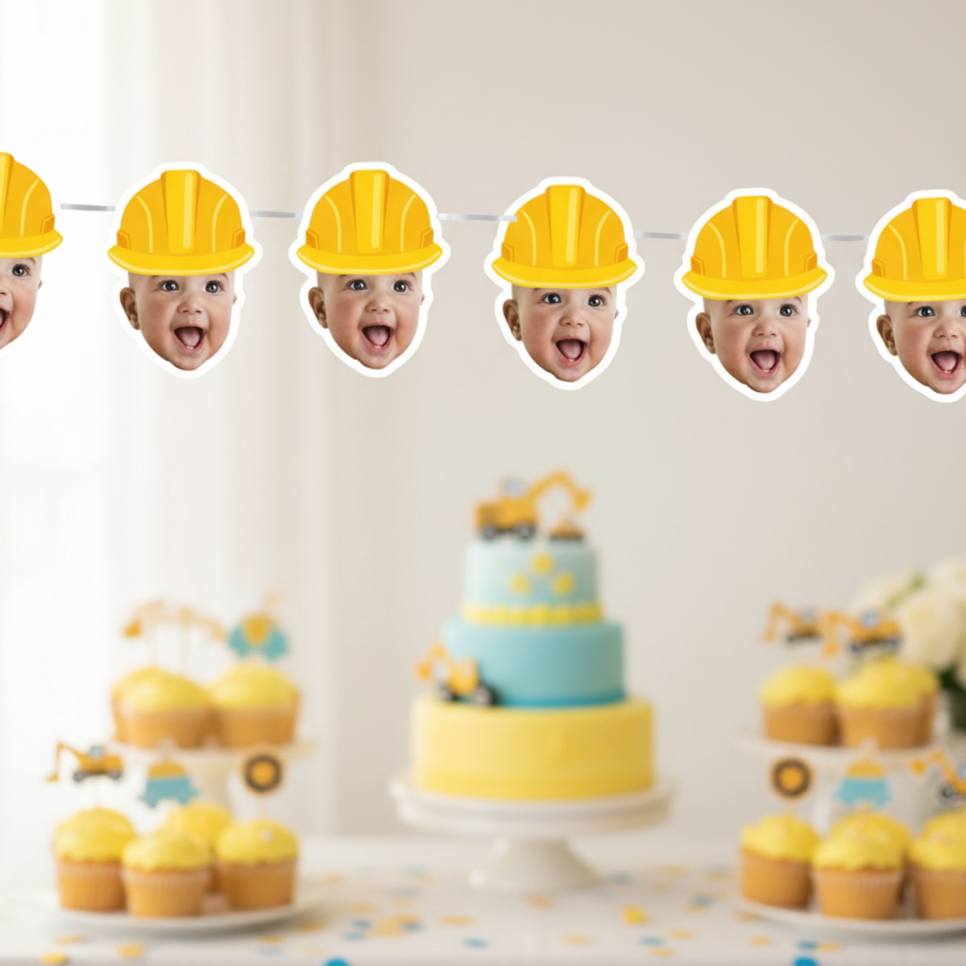 Children's birthday party with construction-themed decorations, including a cake and photo booth props.