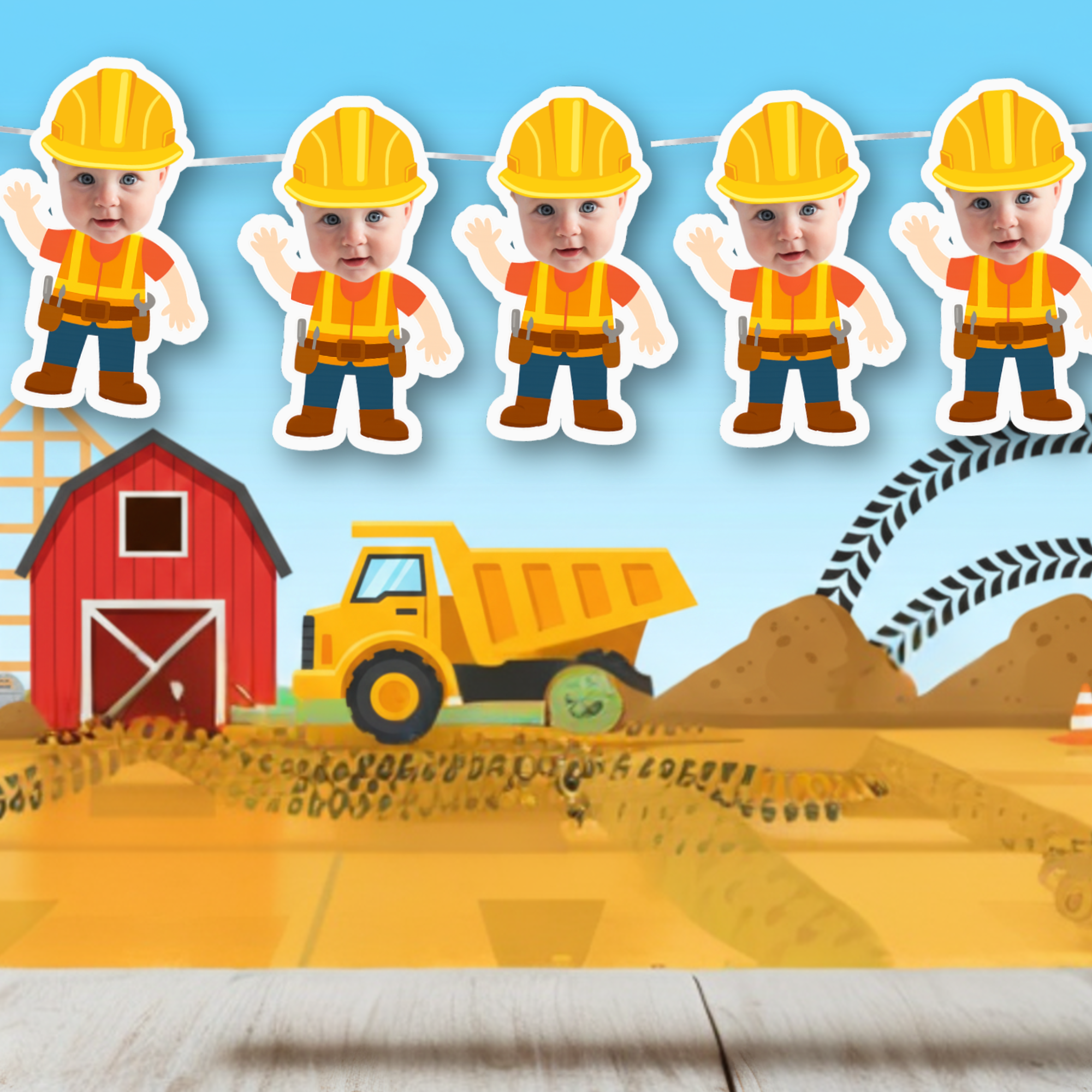 Children's photo banner with construction-themed design featuring a red barn, yellow dump truck, and child cutouts in construction outfits.