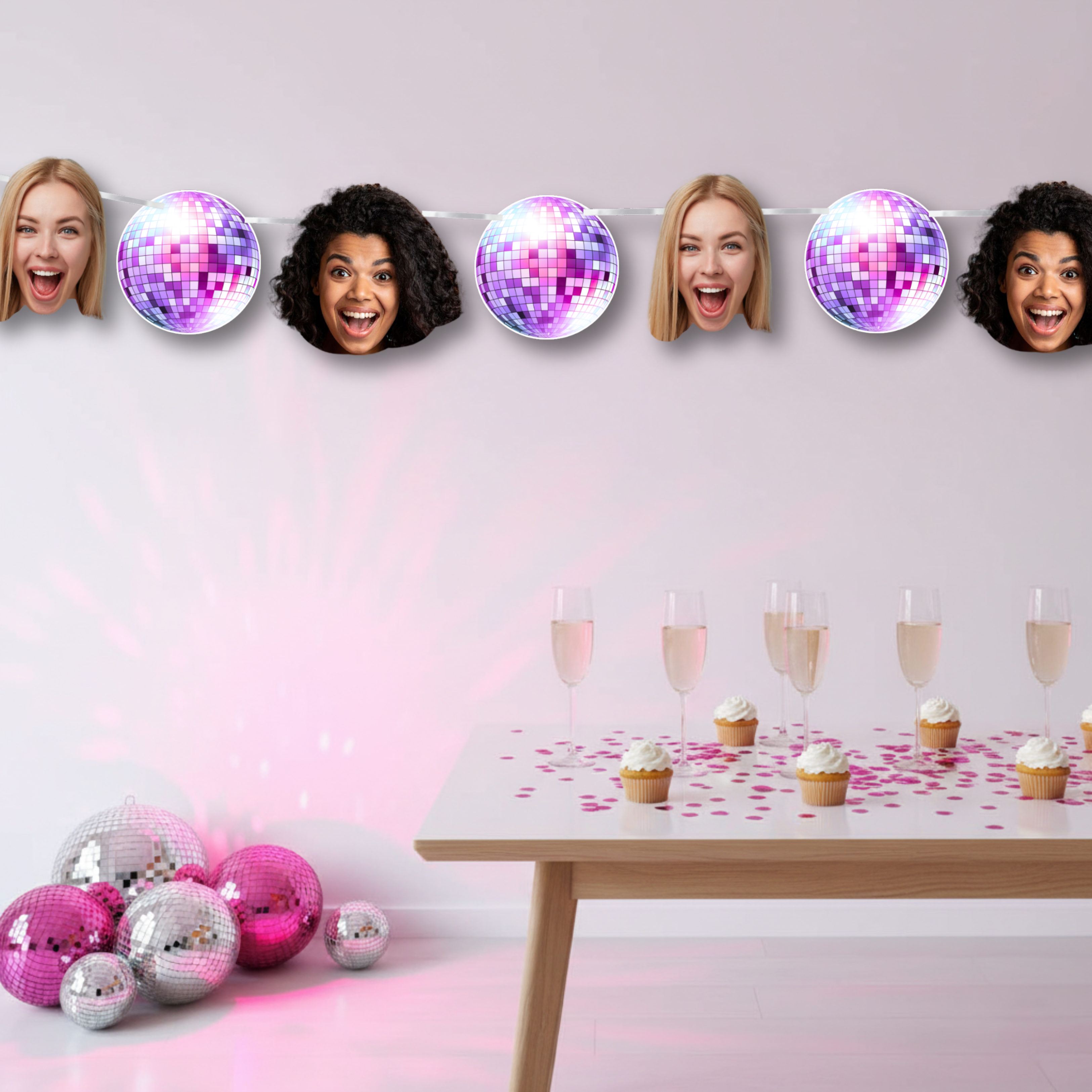 Five women with disco balls above them, a table with cupcakes and drinks below, on a light pink background.
