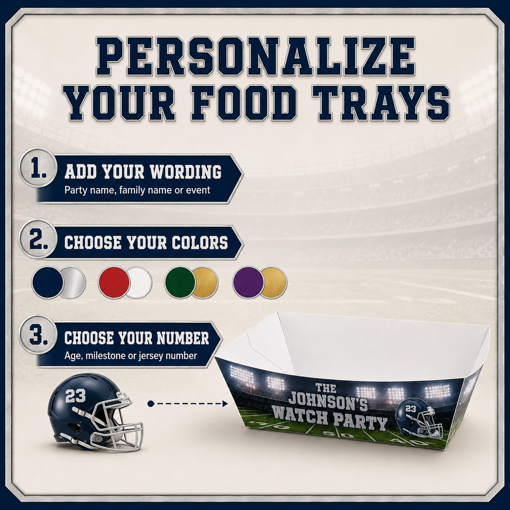 Football food tray personalization guide showing custom party wording, preferred colors and age, milestone or jersey number options.