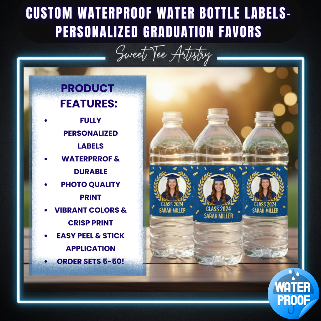 Three water bottles with graduation-themed labels on a wooden surface with a blurred background.
