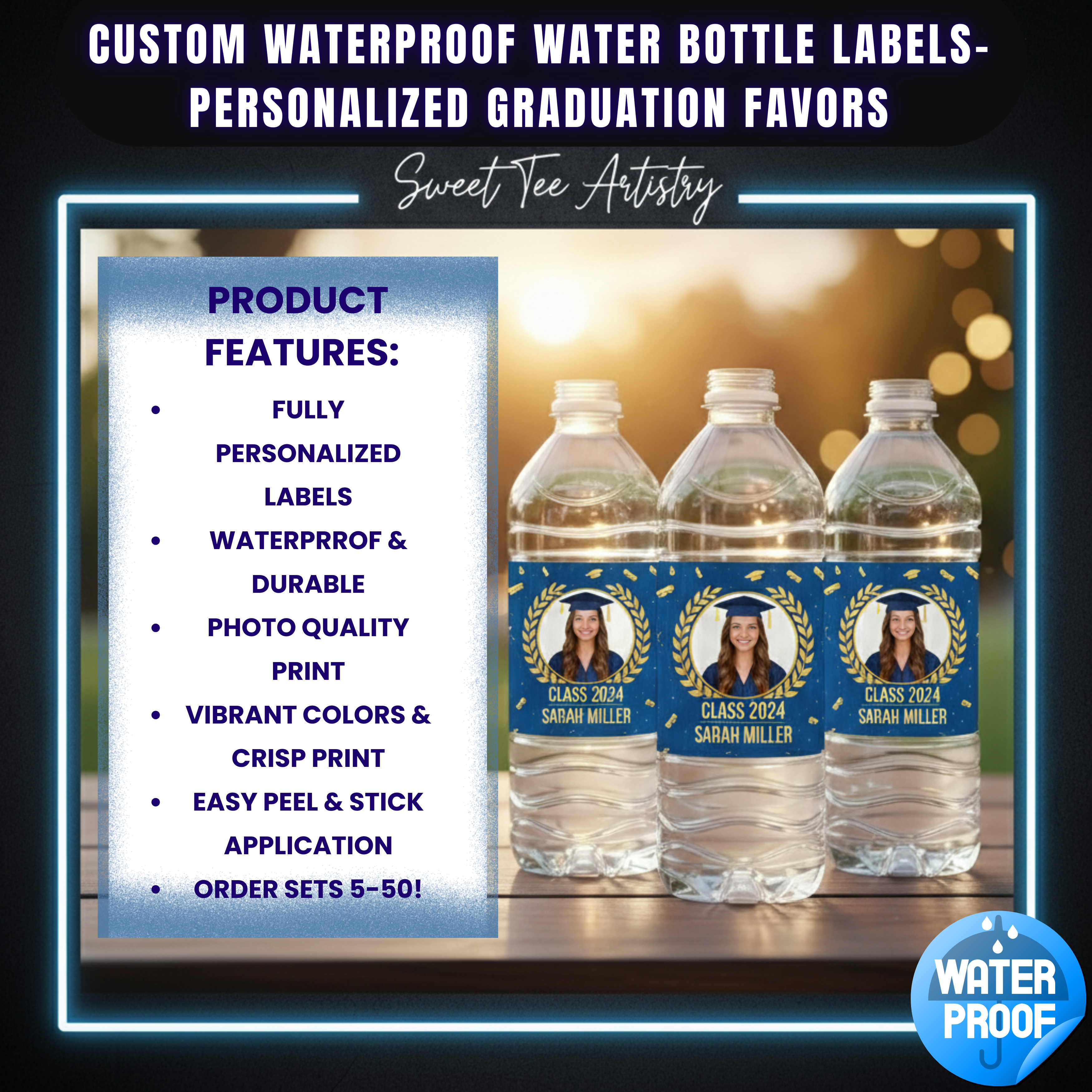 Three water bottles with graduation-themed labels on a wooden surface with a blurred background.