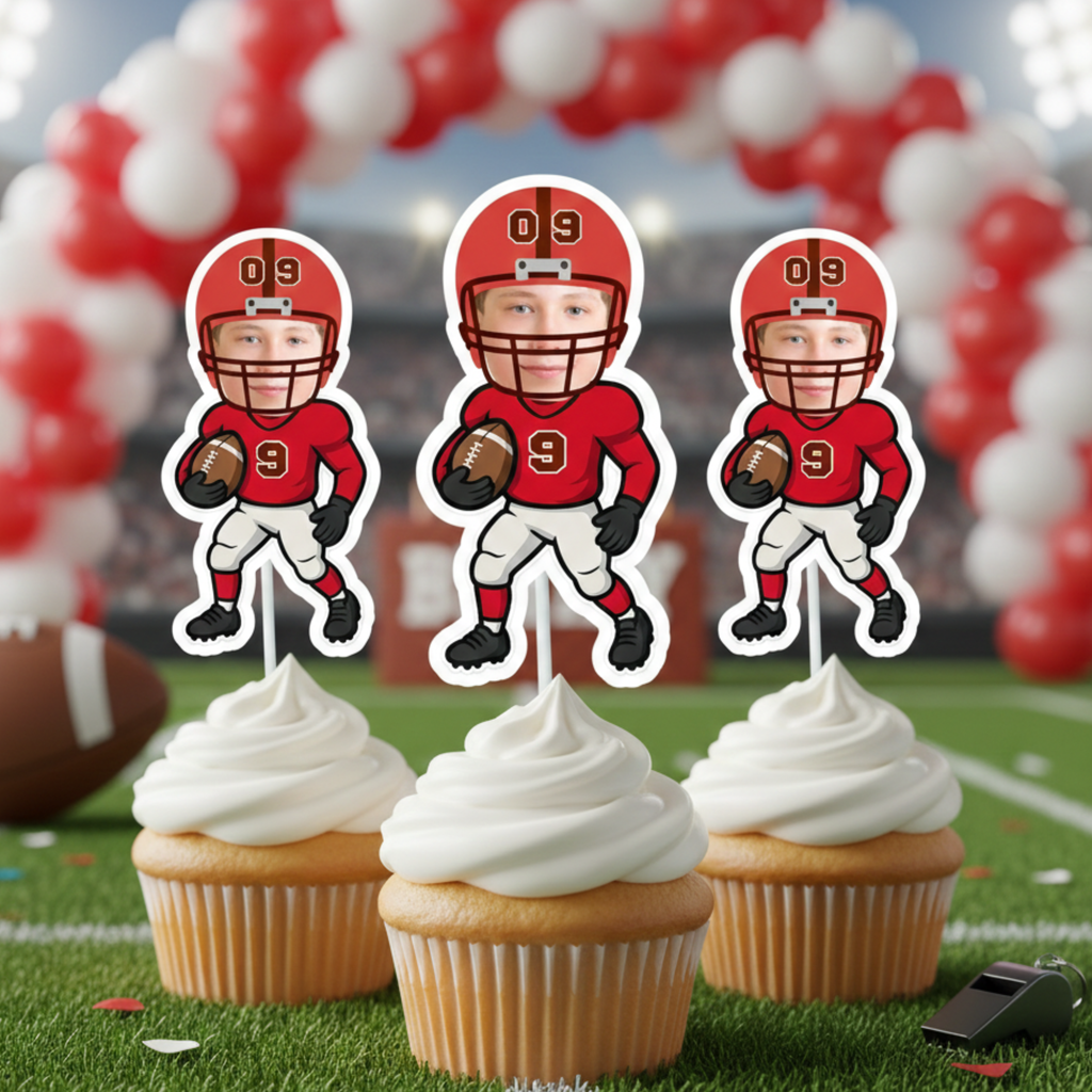 Three custom photo football cupcake toppers featuring the number 9 are displayed on white frosted cupcakes against a football field backdrop with a red balloon arch. This youth football birthday party decoration is perfect for a 9th birthday sports theme, team color celebration, or game day dessert table setup. A bold red football design ideal for boys who love sports and stadium-style party decor.