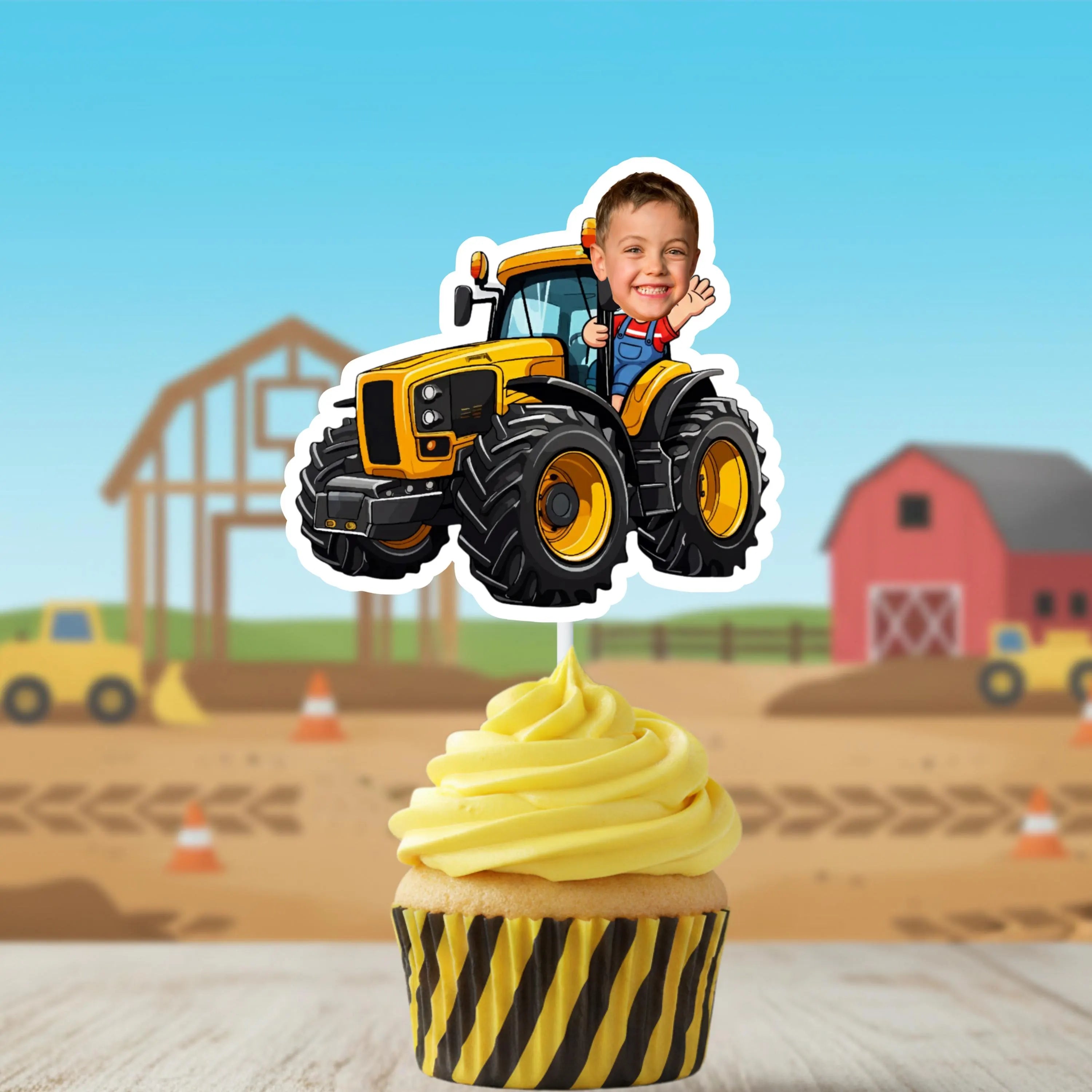 Personalized tractor cupcake toppers featuring a child photo driving a farm tractor, displayed in front of a barnyard party backdrop and on a caution tape themed  cupcake wrapper . Ideal for little farmer birthday parties, rustic country themed celebrations, and tractor themed dessert table décor. Barnyard themed first birthday cupcakes topped with photo tractor decorations for a rustic country party.