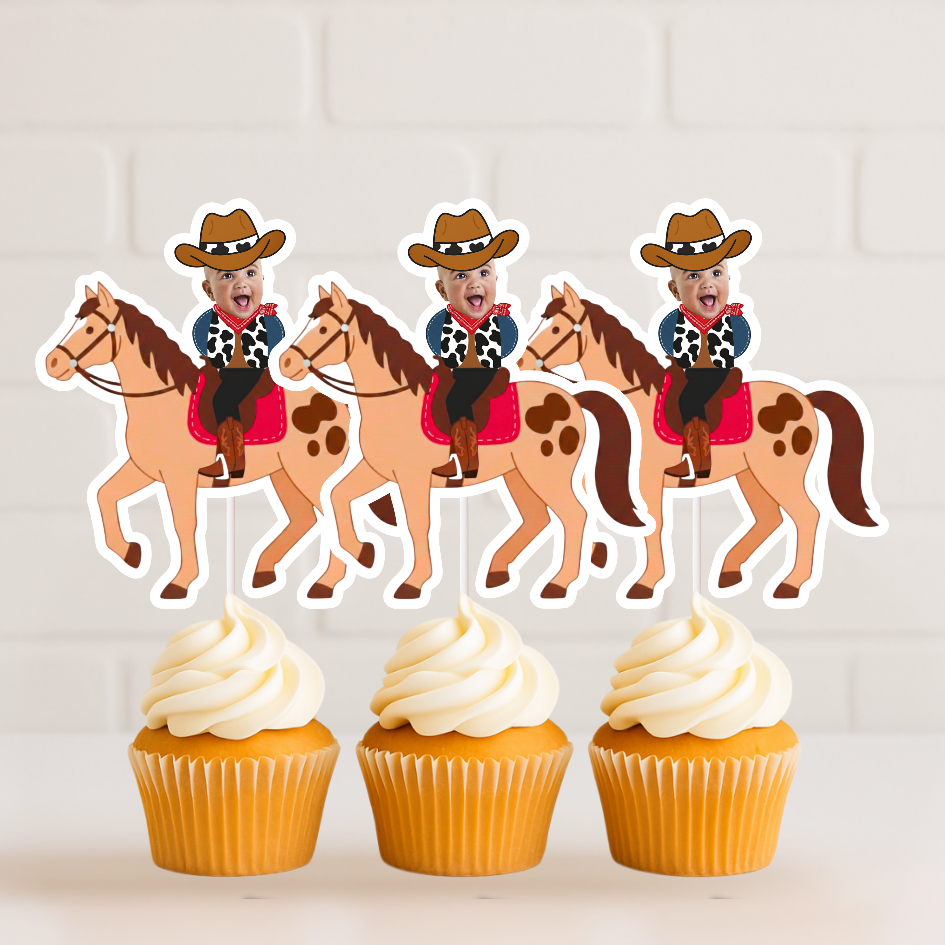 Cupcakes with cowboy-themed toppers on a white background. Perfect for decorating for your little cowboy's first rodeo and creating the perfect photo opportunity. 
