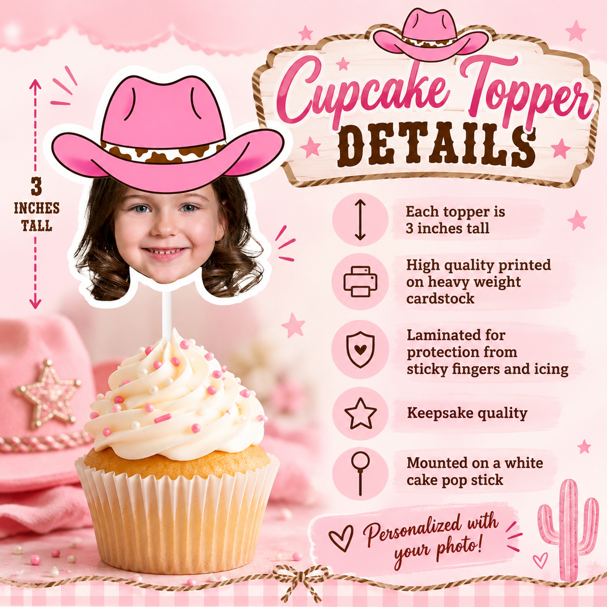 Personalized pink cowgirl hat cupcake topper details showing each topper is three inches tall printed on heavyweight cardstock laminated for protection mounted on a white cake pop stick and made as a keepsake quality party decoration