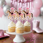 Personalized pink cowgirl horse cupcake toppers featuring a custom woman photo riding a western horse with pink saddle accents and cowboy hat, displayed on vanilla cupcakes with white frosting. These western horse cupcake decorations are ideal for bachelorette, wedding, or birthday parties, cowgirl themed birthdays, country western celebrations, rodeo party décor, and pink barnyard birthday themes. Last Hoe Down celebrations. 