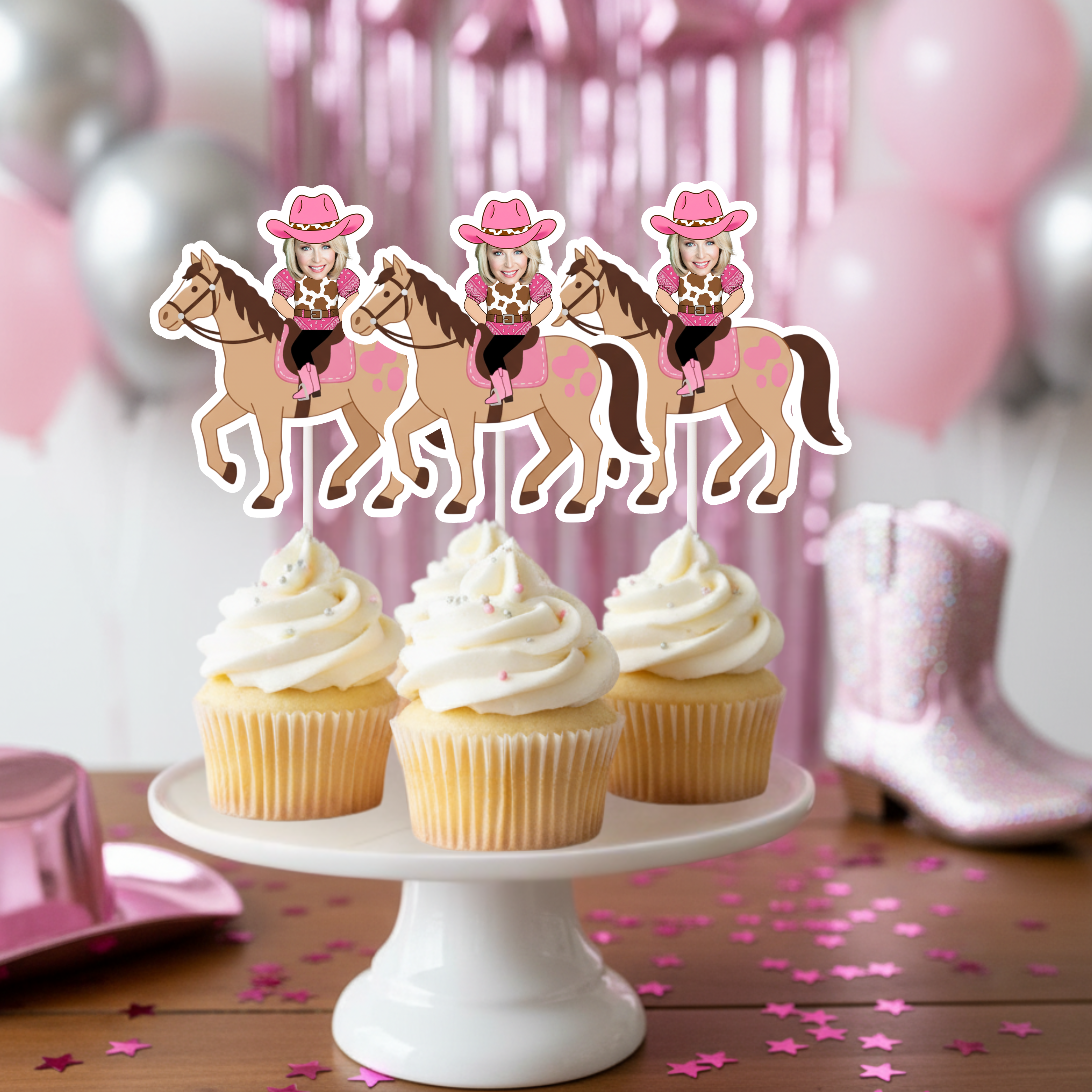 Personalized pink cowgirl horse cupcake toppers featuring a custom woman photo riding a western horse with pink saddle accents and cowboy hat, displayed on vanilla cupcakes with white frosting. These western horse cupcake decorations are ideal for bachelorette, wedding, or birthday parties, cowgirl themed birthdays, country western celebrations, rodeo party décor, and pink barnyard birthday themes. Last Hoe Down celebrations. 