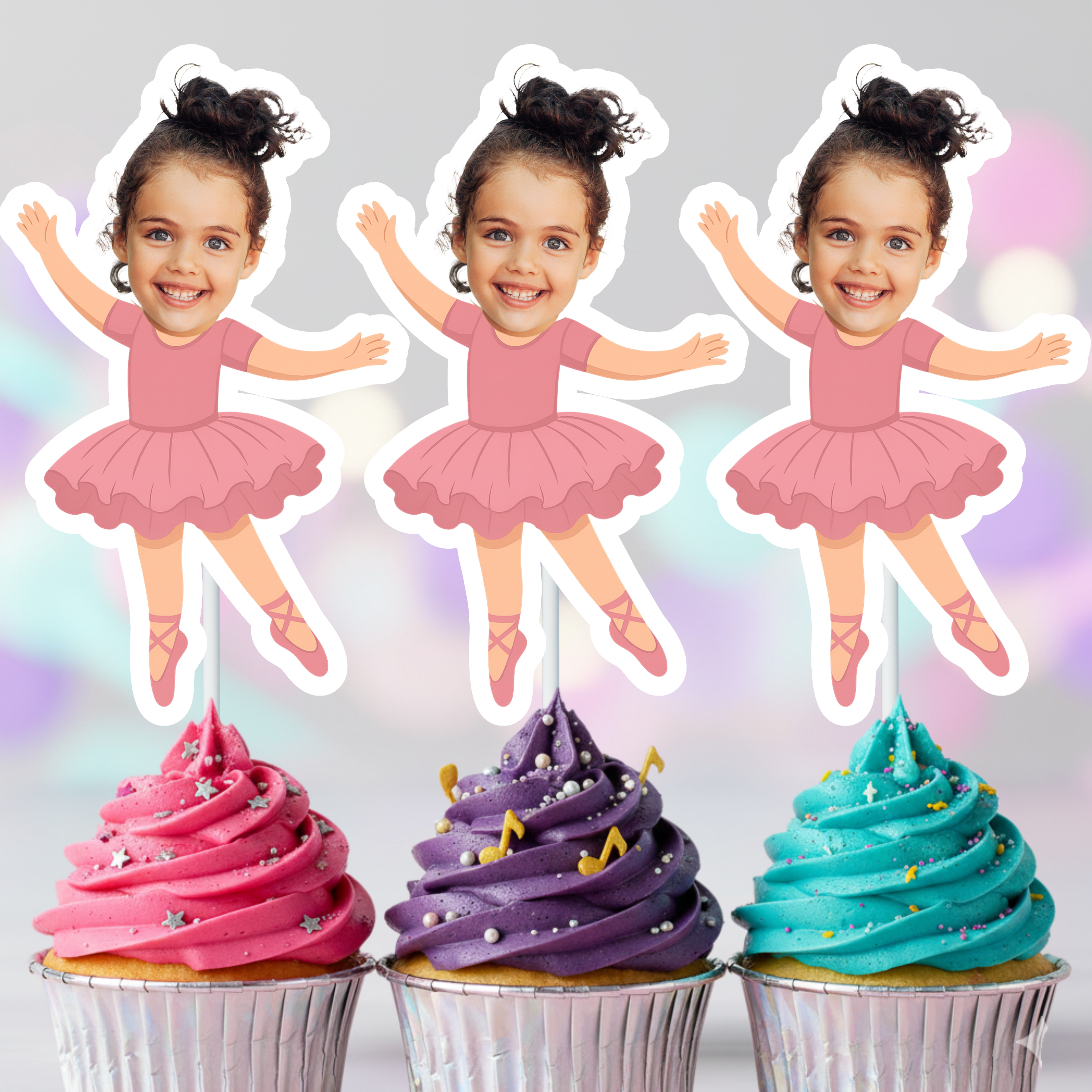Three identical images of a young girl in a pink ballet outfit with cupcake toppers on a colorful background.
