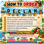 Pirate birthday banner ordering guide featuring a personalized 3D name and age garland, step by step ordering instructions, 10 panel standard banner details, and examples showing how to purchase additional letter panels.