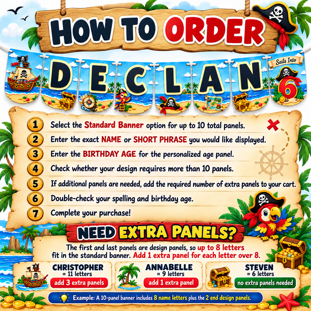 Pirate birthday banner ordering guide featuring a personalized 3D name and age garland, step by step ordering instructions, 10 panel standard banner details, and examples showing how to purchase additional letter panels.
