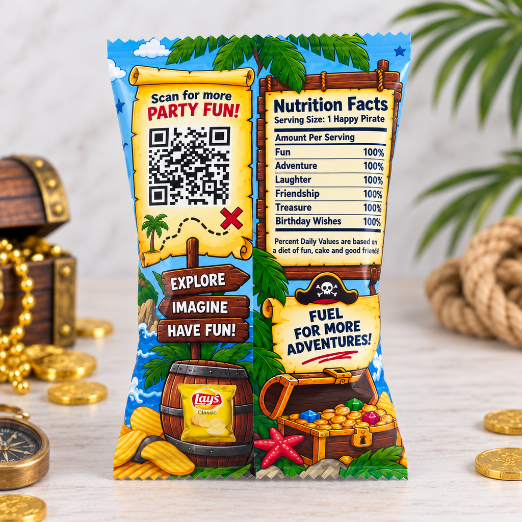 Back view of a personalized pirate adventure chips party favor bag featuring a QR code playful pirate themed nutrition facts and flavor identification area.